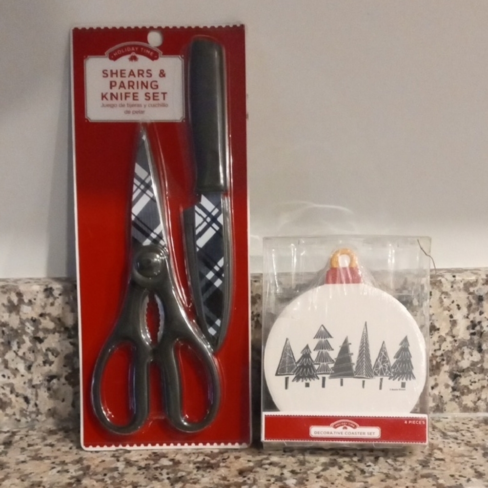 Holiday Time Black and White Shears & Knife Set with Tree Coasters Set